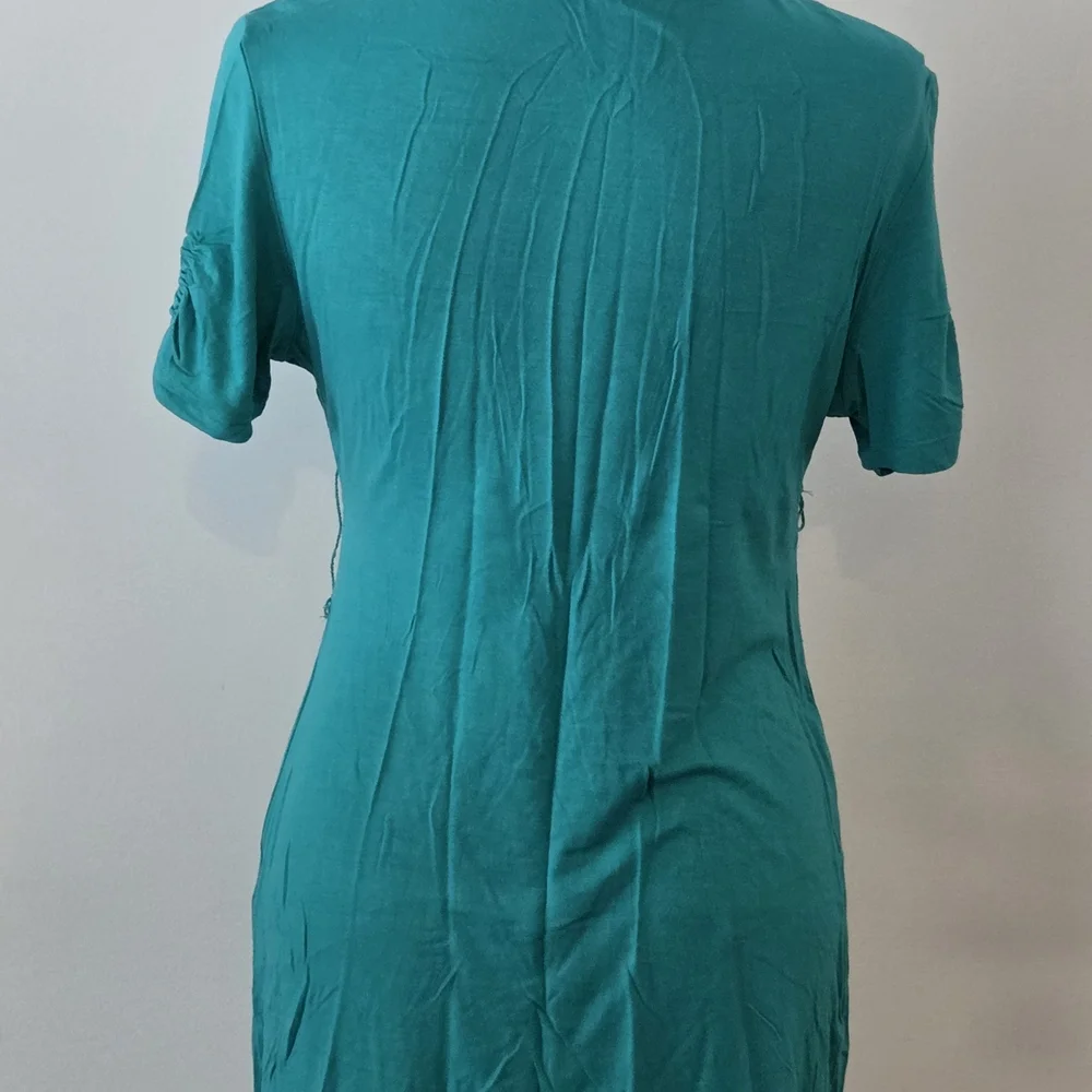 Teal V-Neck Long Sleeve Wrap-Style Women's Dress - Picture 3 of 4